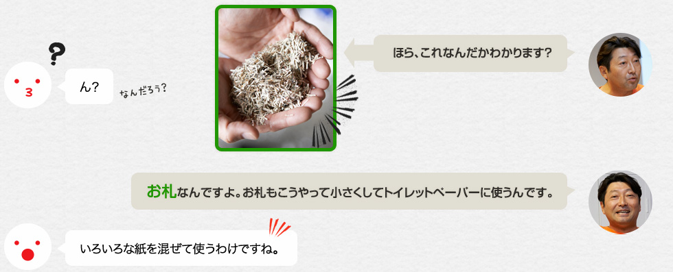 「ほら、これなんだかわかります？」ん？「お札なんですよ。お札もこうやって小さくしてトイレットペーパーに使うんです。」いろいろな紙を混ぜて使うわけですね。