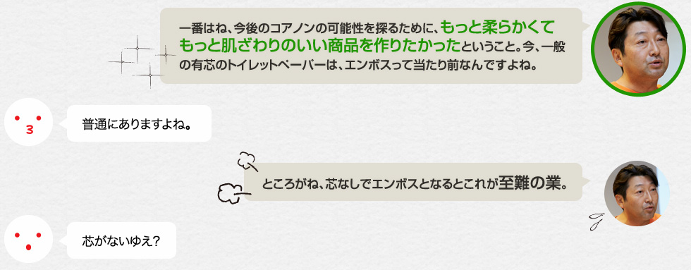 「一番はね、今後のコアノンの可能性を探るために、もっと柔らかくてもっと肌ざわりのいい商品を作りたかったということ。今、一般の有芯のトイレットペーパーは、エンボスって当たり前なんですよね。」普通にありますよね。「ところがね、芯なしでエンボスとなるとこれが至難の業。」芯がないゆえ？