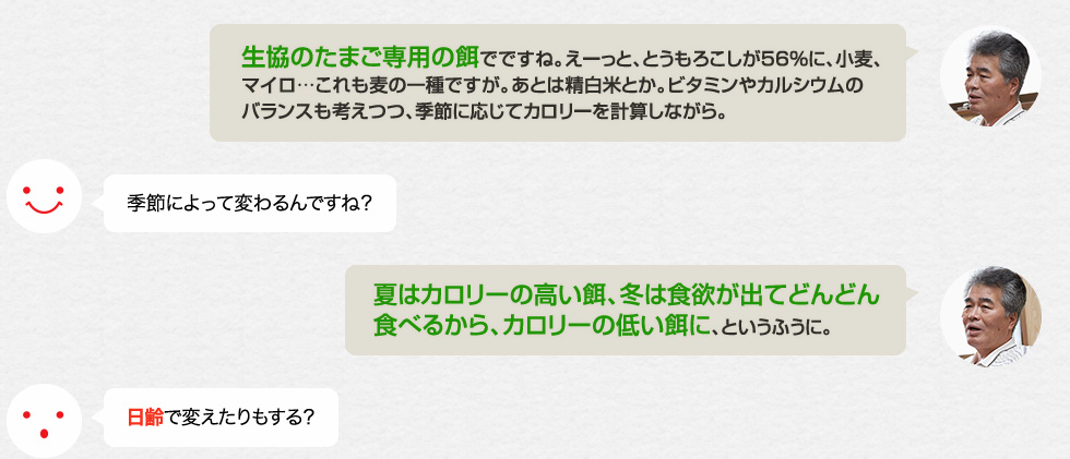 「生協のたまご専用の餌でですね。えーっと、とうもろこしが56%に、小麦、マイロ…これも麦の一種ですが。あとは精白米とか。ビタミンやカルシウムのバランスも考えつつ、季節に応じてカロリーを計算しながら。」季節によって変わるんですね？「夏はカロリーの高い餌、冬は食欲が出てどんどん食べるから、カロリーの低い餌に、というふうに。」日齢で変えたりもする？