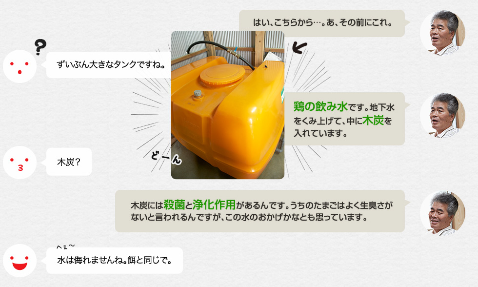 「はい、こちらから…。あ、その前にこれ。」ずいぶん大きなタンクですね。「鶏の飲み水です。地下水をくみ上げて、中に木炭を入れています。」木炭？「木炭には殺菌と浄化作用があるんです。うちのたまごはよく生臭さがないと言われるんですが、この水のおかげかなとも思っています。」水は侮れませんね。餌と同じで。