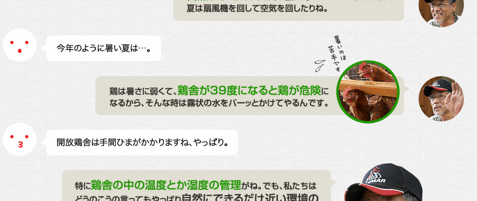 今年のように暑い夏は…。「鶏は暑さに弱くて、鶏舎が39度になると鶏が危険になるから、そんな時は霧状の水をパーッとかけてやるんです。」開放鶏舎は手間ひまがかかりますね、やっぱり。